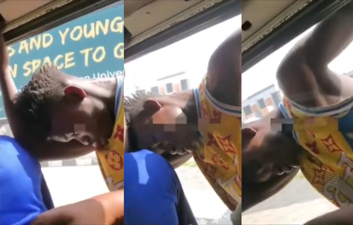 “Highness nah your mate?” – Passengers raise al@rm as conductor f@lls asleep on a moving commercial bus (VIDEO)