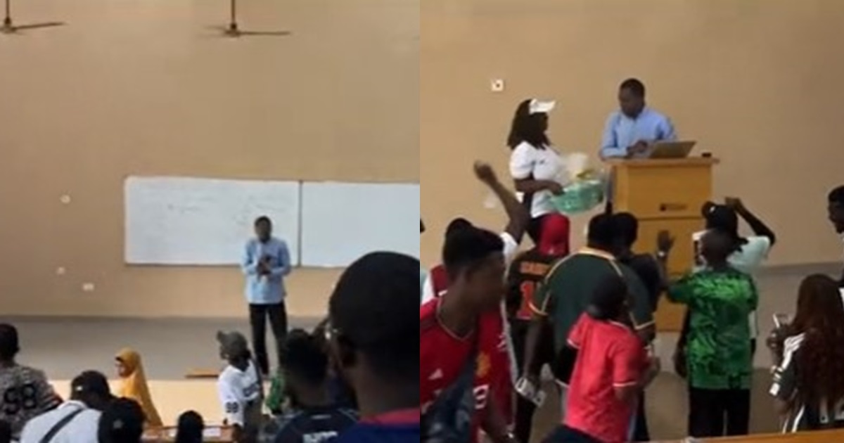 “Na lecturer wey calm down go enjoy” – Adorable moment final year students prank their lecturer on his birthday (VIDEO)