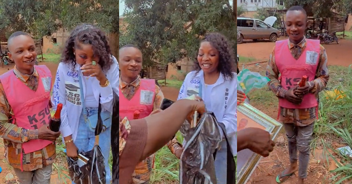 “Can your bike man ever?” – Moment bike man surprises lady with picture frame and wine on her sign-out day (WATCH)
