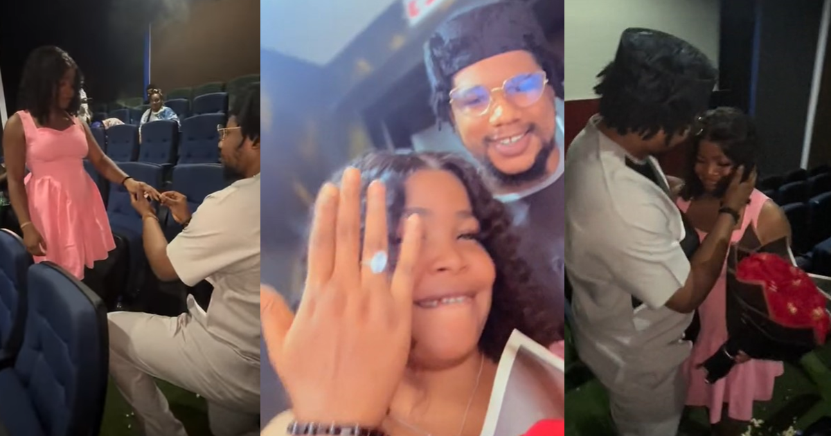 Nigerian man opprǝss ‘single pringles’ in cinema hall after turning a movie date with his girlfriend into surprise marriage proposal (WATCH)