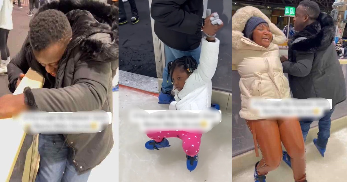 “Can’t even control my laughter” – Hilarious moment Abroad-based Nigerian family struggles in an ice rink in Germany (WATCH)