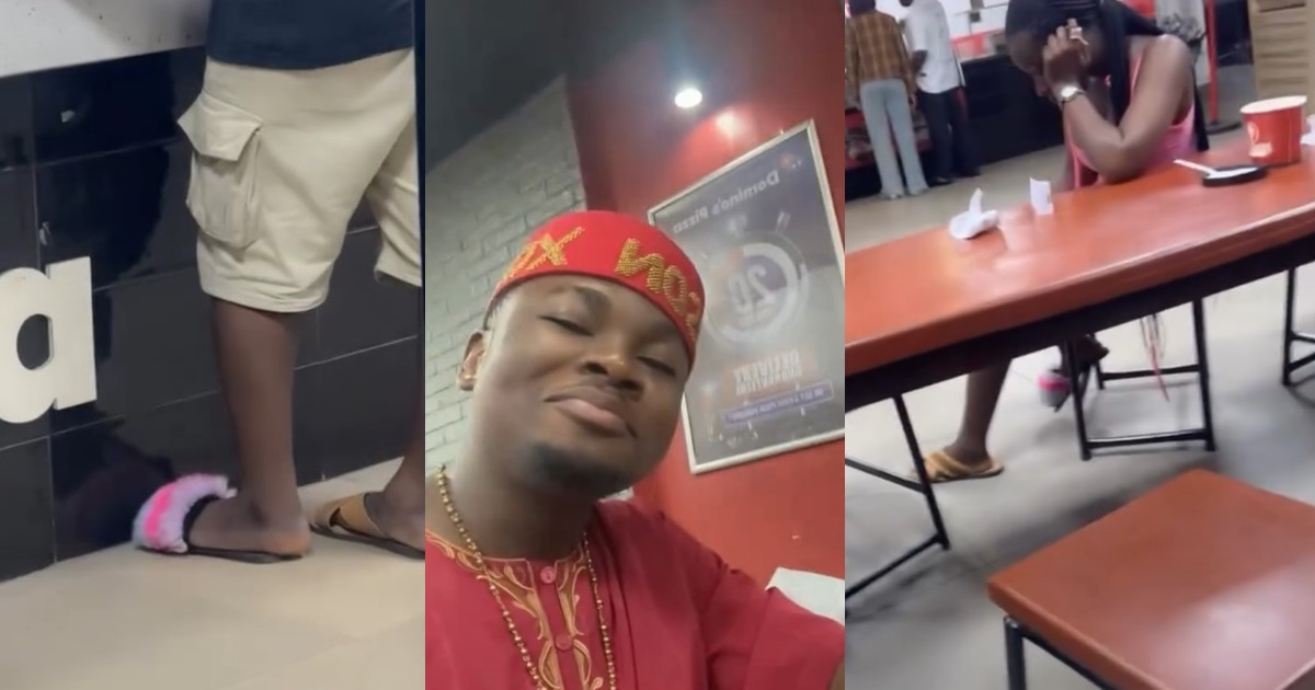 “What stage is this?” – Nigerian man and his partner flaunts their love in a restaurant with mismatched slippers (WATCH)