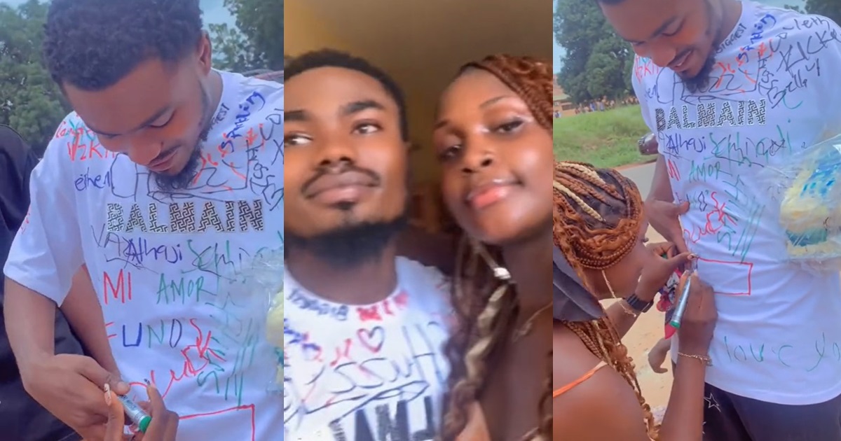 “The space even small” – Celebration erúpts as man reserves space for his girlfriend on his sign-out shirt (VIDEO)
