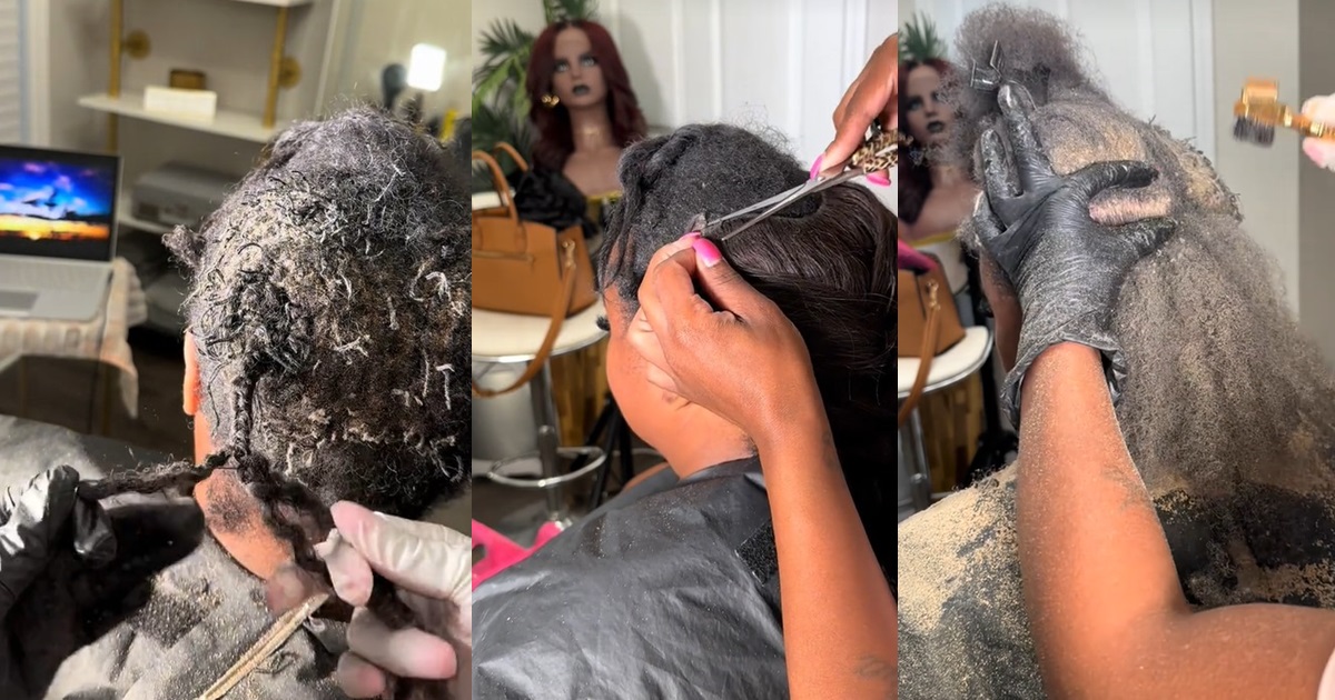 “Is that sawdust?” – Hairstylist shows the ‘dandruff flakes’ on her client’s scalp after wearing a sew-in weave for 4 month (WATCH)