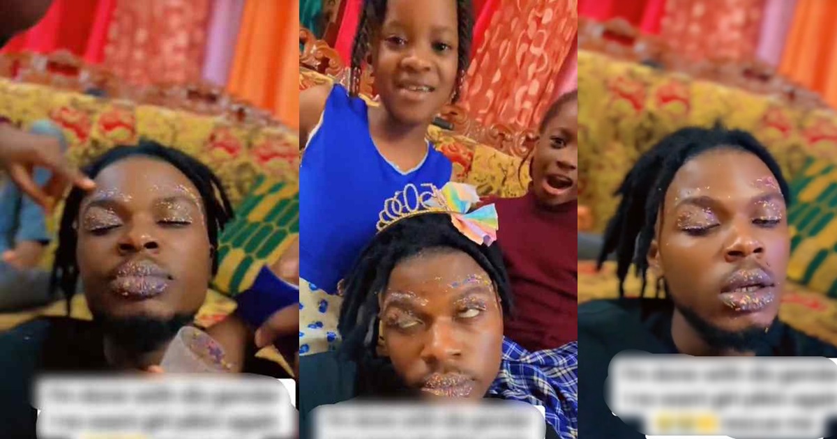 “Head of family is now a princess” – Nigerian man lamǝnts after getting a free make-up session from his daughters (WATCH)