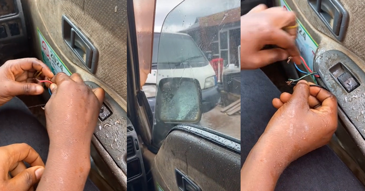 “You don dey learn Rewire inside moto” – Lady r!sks it all as she connects cable wire in a public bus during heavy rainfall (WATCH)