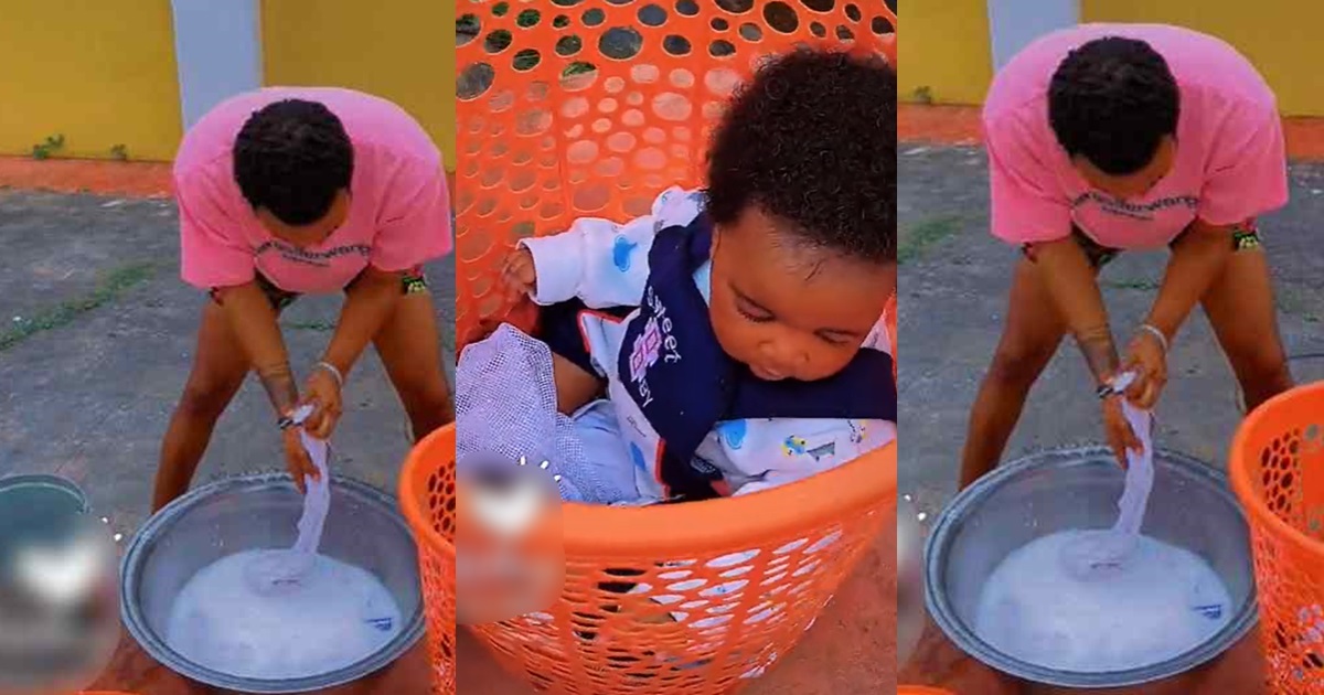 “The baby’s name must be Moses” – Nigerian woman stúnned as husband places their toddler inside the laundry basket while washing (WATCH)
