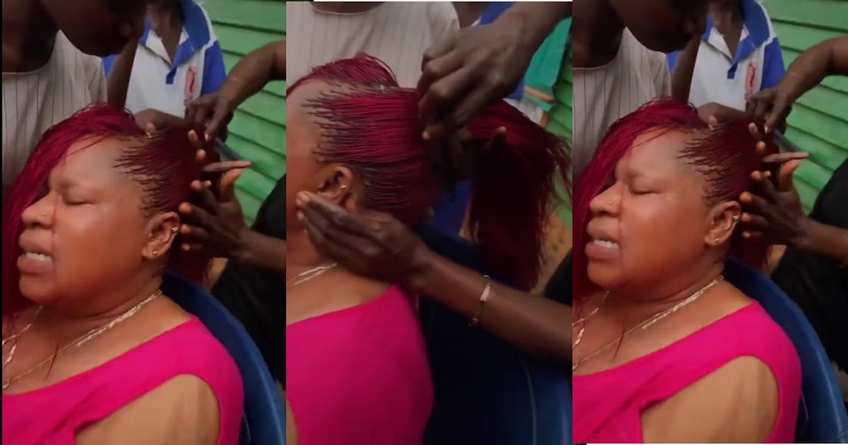 “Na by force?” – Netizens react as woman wr!the in p@in while making a million braids hair (WATCH)