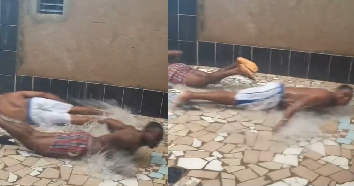 “Until tiles cút your belle” – Netizens react as grown men enjoy the time of their lives in the rain