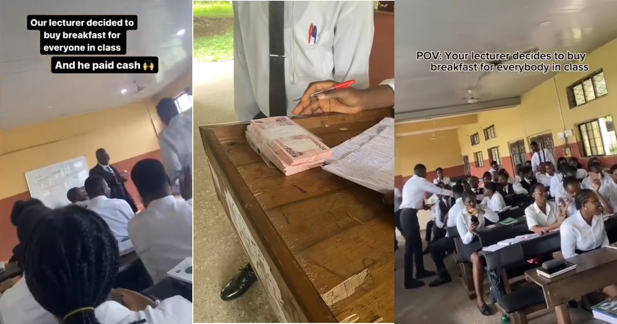 “Person wey no come don miss” – Heartwarming moment a lecturer gives all his students in class money for breakfast