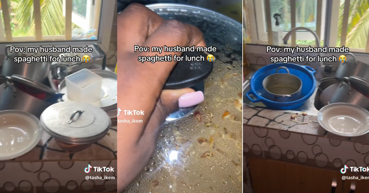 “Did he hire caterers?” – Lady lamǝnts over the messy state of the kitchen after her husband prepared spaghetti for lunch (WATCH)