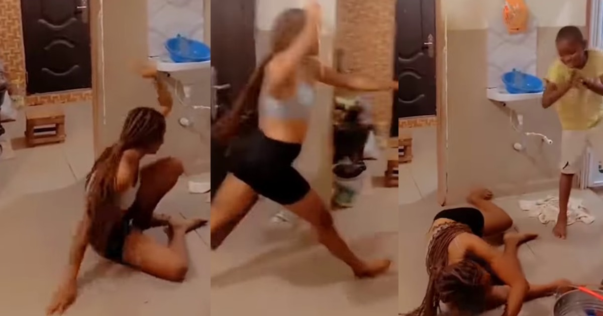 “The boy head strong” – Lady h!ts the floor in an attempt to fl0g her younger brother (WATCH)