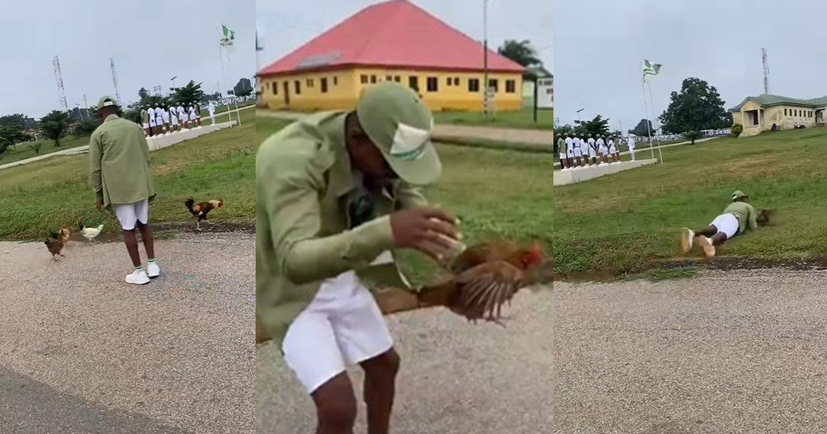 “Make he come dey keep for super eagles” – Male corps member unveils his goalkeeping style of catching a chicken(VIDEO)