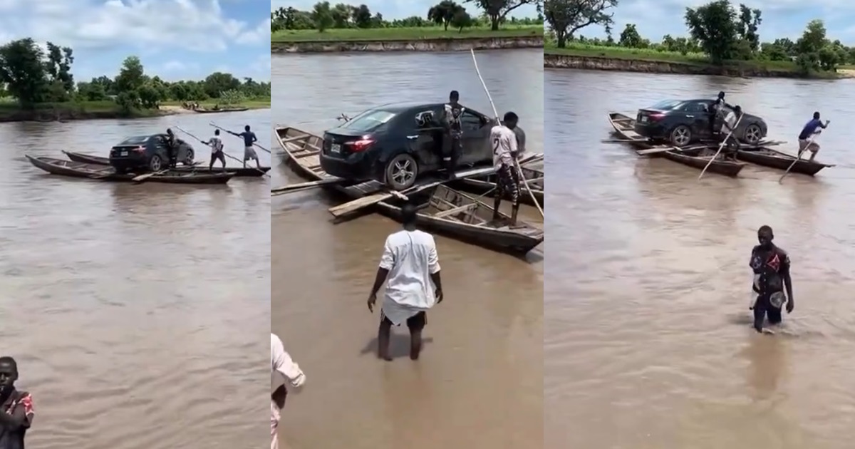 “Shipping na Shipping afterwards” – Nigerians react as young men transport an expensive car with canoes on water (WATCH)