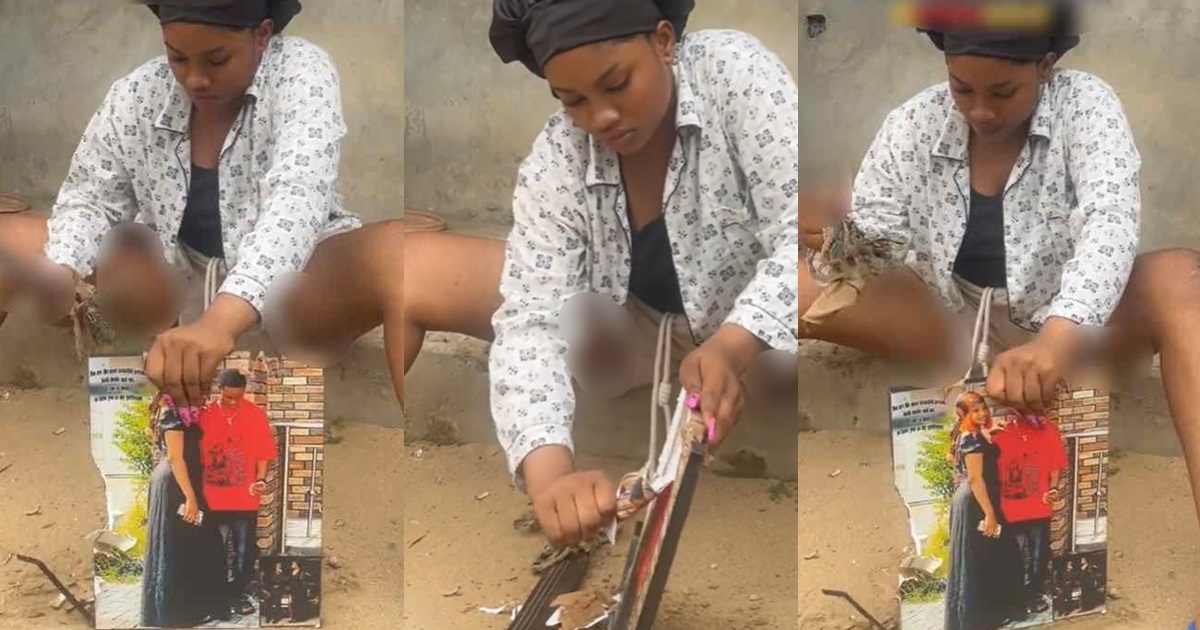 “But why you go dey do couple portraits for relationship ?” – Singles jubilate as lady destr0ys couple picture frame after boyfriend ends the relationship (WATCH)