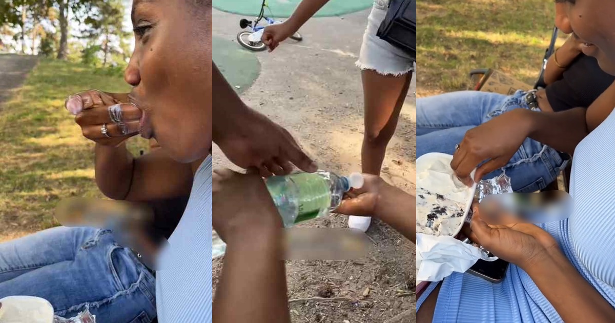 “She Dey chop am like fufu” – Tongue wags as a young lady and friends devour ice cream using bare hands (VIDEO)