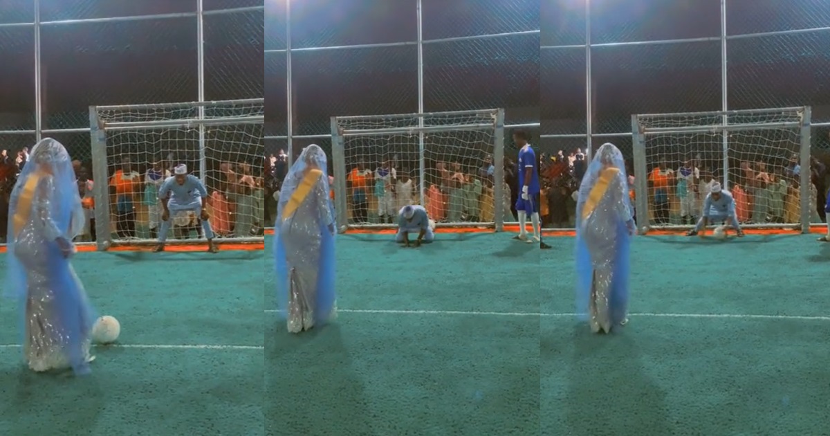 “He let her have the moment” – Bride shows off football skills as her husband goal keeps on their wedding day (VIDEO)