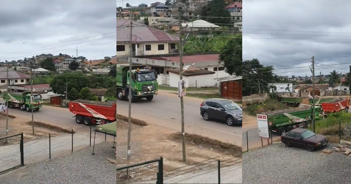 “Site engineer don marry” – Moment Ghanaian couple arrives at their wedding in a convoy of trucks stirring reactions (VIDEO)
