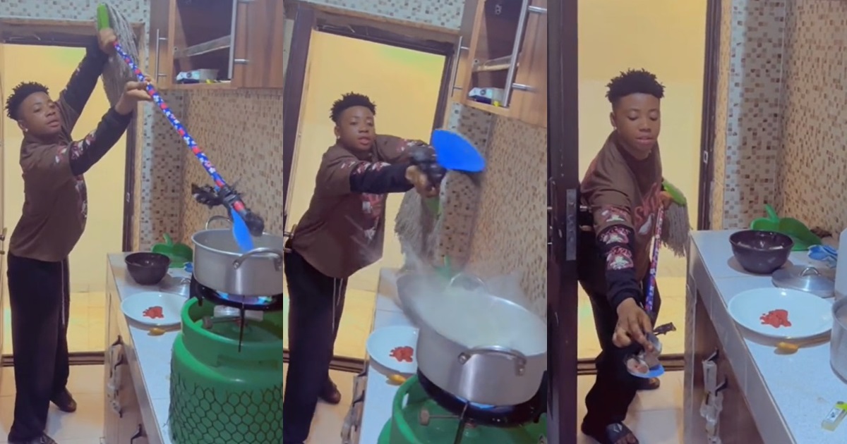 “Chai see person future husband!” – Nigerian man goes extra mile as he fries fish with mopping stick (WATCH)