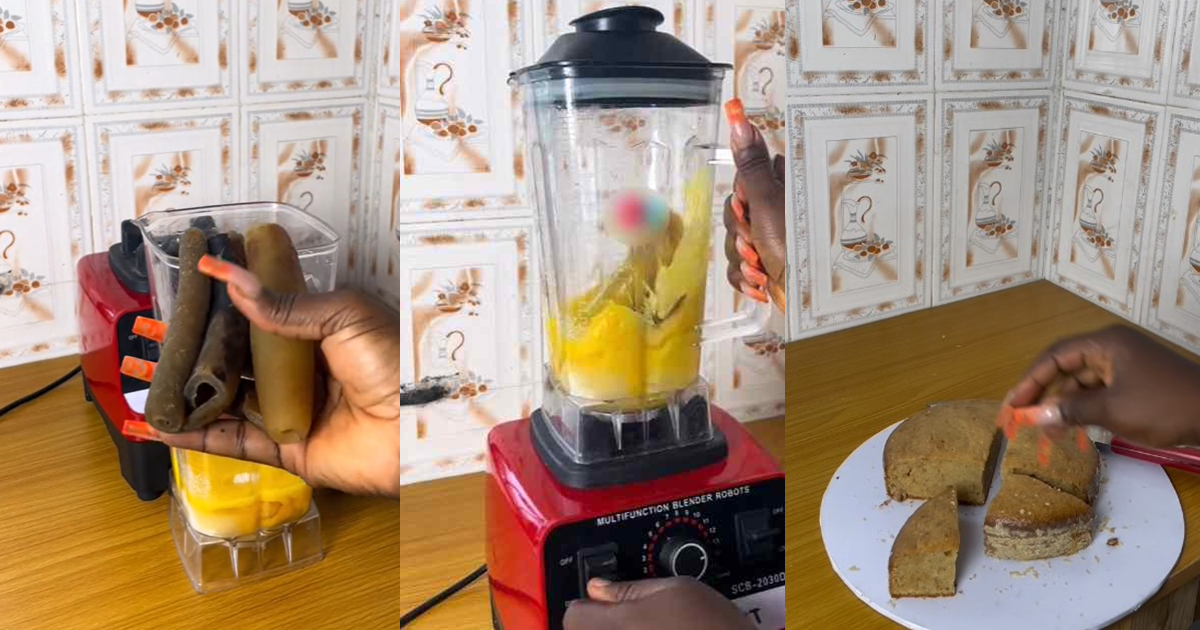 “Government should ban blender” – Nigerians cr!es out as chef bake cow skin ‘Ponmo’ cake (WATCH)