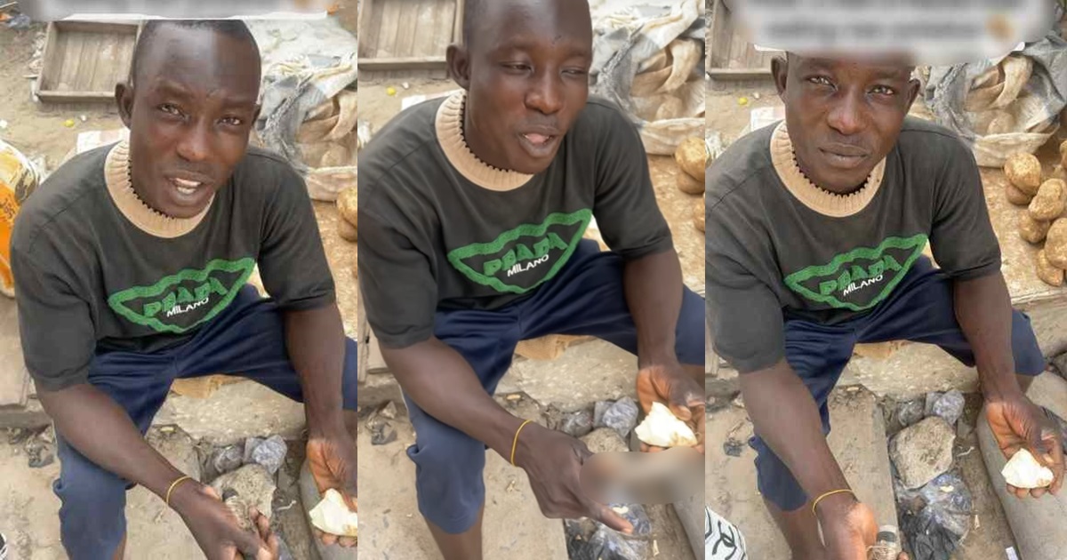 “Na so country hard reach” – Nigerian lady queries potato vendor for eating raw sweet potato at the market (WATCH)