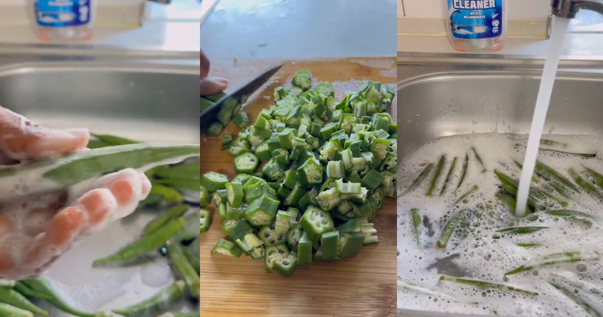 “If you finish, peg am for Rope” – Nigerian lady in diaspora goes the extra mile as she washes Okra with sponge and soap before cooking (VIDEO)