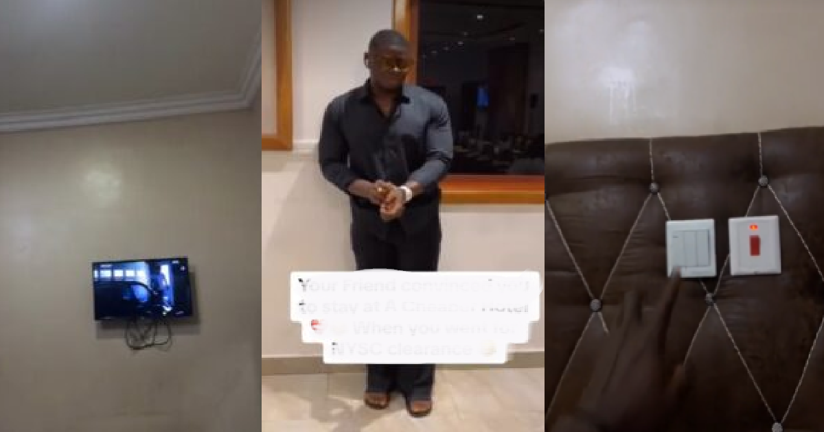 “Hotel wey dey find comfort for you” – Male corps member astonished over the switch of the television in a cheap hotel in Enugu state (VIDEO)