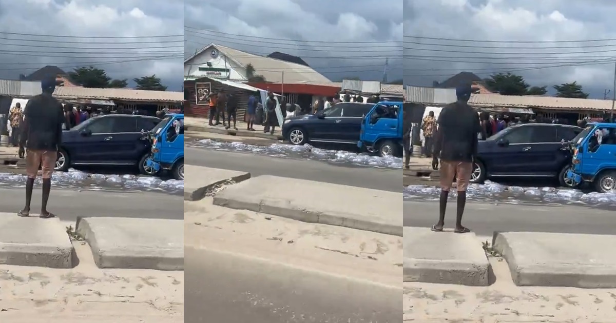 “How much water you wan sell” – Pure water company suffɘrs loss after truck driver hits expensive car (VIDEO)