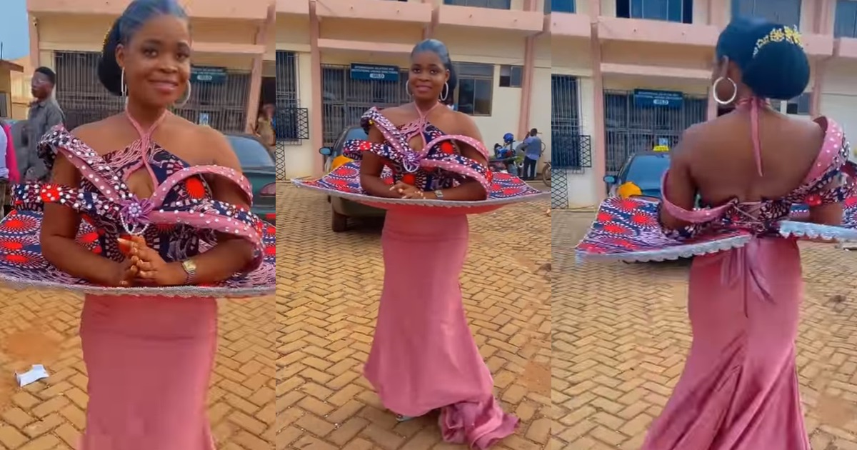 “serving tray abi na dining table” – Ghanian lady shows off stunning ‘table’ dress (WATCH)
