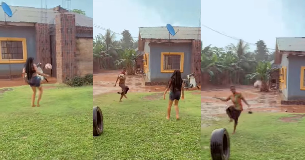 “That girl wey wear skirt na better baller” – Young ladies show off mind-blowing football skills under the rain (WATCH)