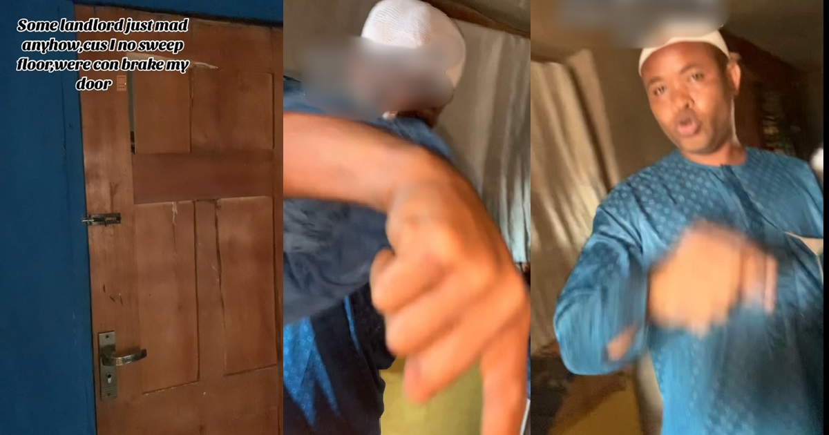 Landlord angr!ly brəaks tenant’s door after she refused to sweep the compound (WATCH)