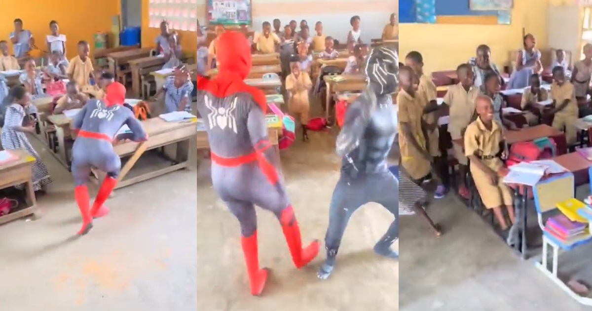 “These kids will never forget this day” – Pupils go w!ld as Spider-Man and Black Panther pays surprise visit to primary school (WATCH)