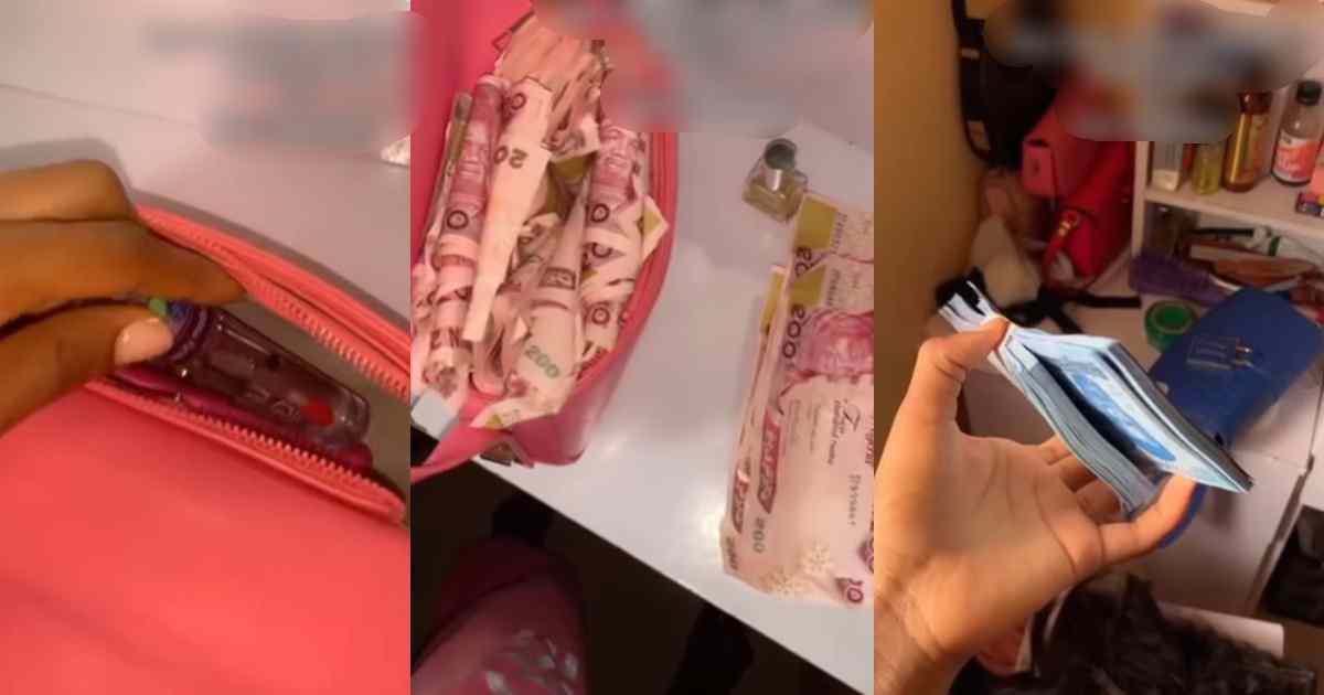 “I can do more than this” – Lady goes to club with empty bag, returns home with wads of cash after a nightlife with her man and his friends (WATCH)