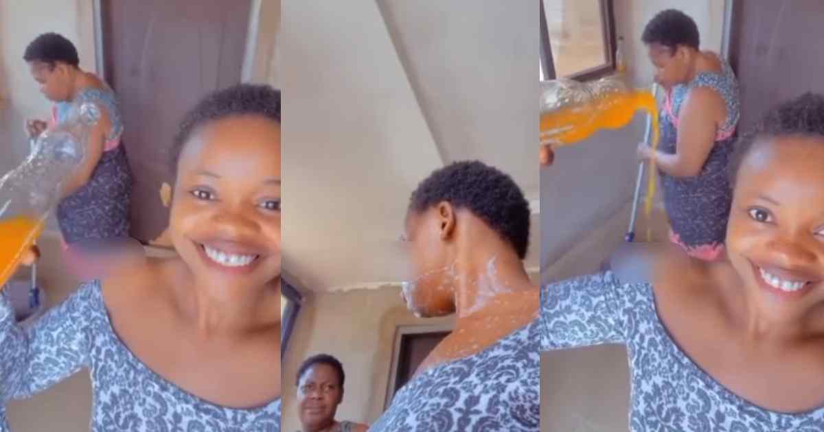 “Na inside your mouth she for put am” – Lady gets d!sciplined for soda spill prank as mother wh!ps her face with a wet mop stick (WATCH)