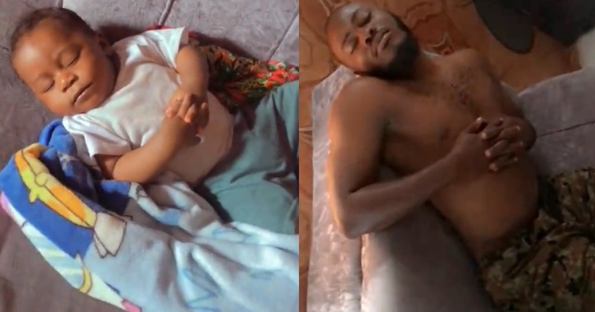 “This child just took everything from his dad” – Nigerian mum stúns as son adopts father’s sleeping posture (Video)