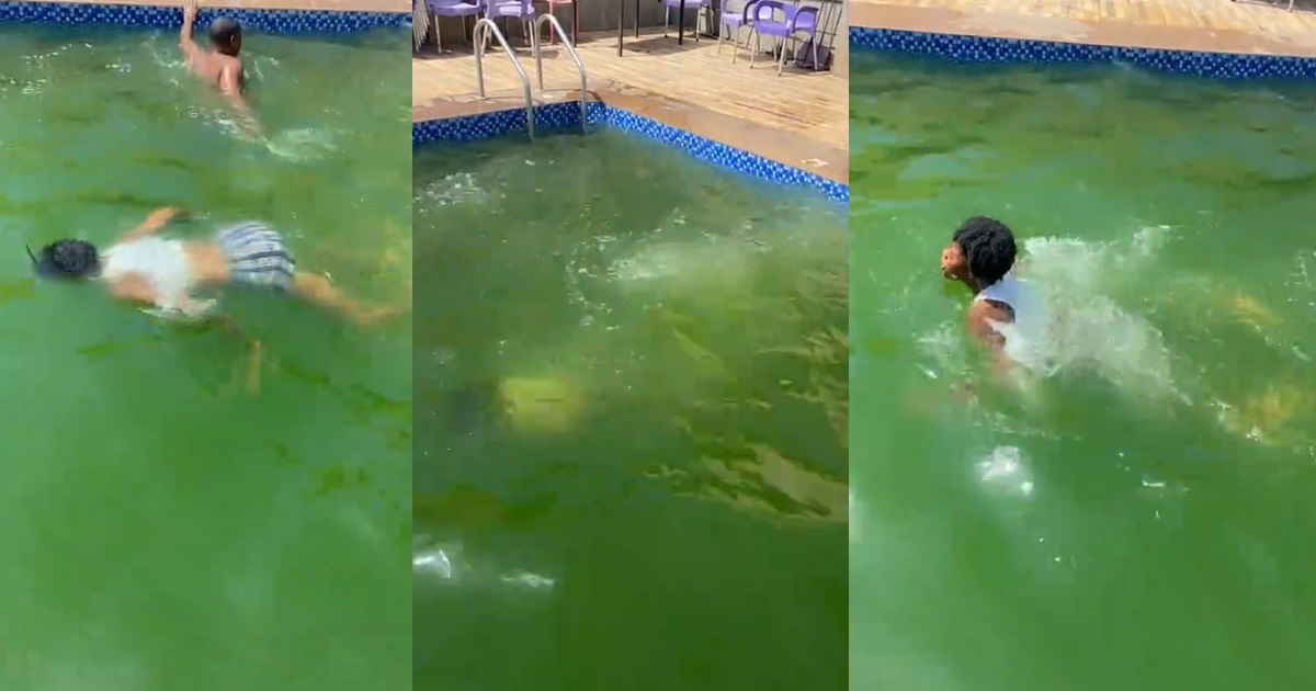 “Is this a pond or a pool?” – Tongue w@gs as lady swims with ease in the algae-filled pool at a lounge (WATCH)