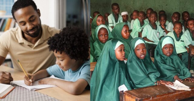 Father helping son (7-9) with homework