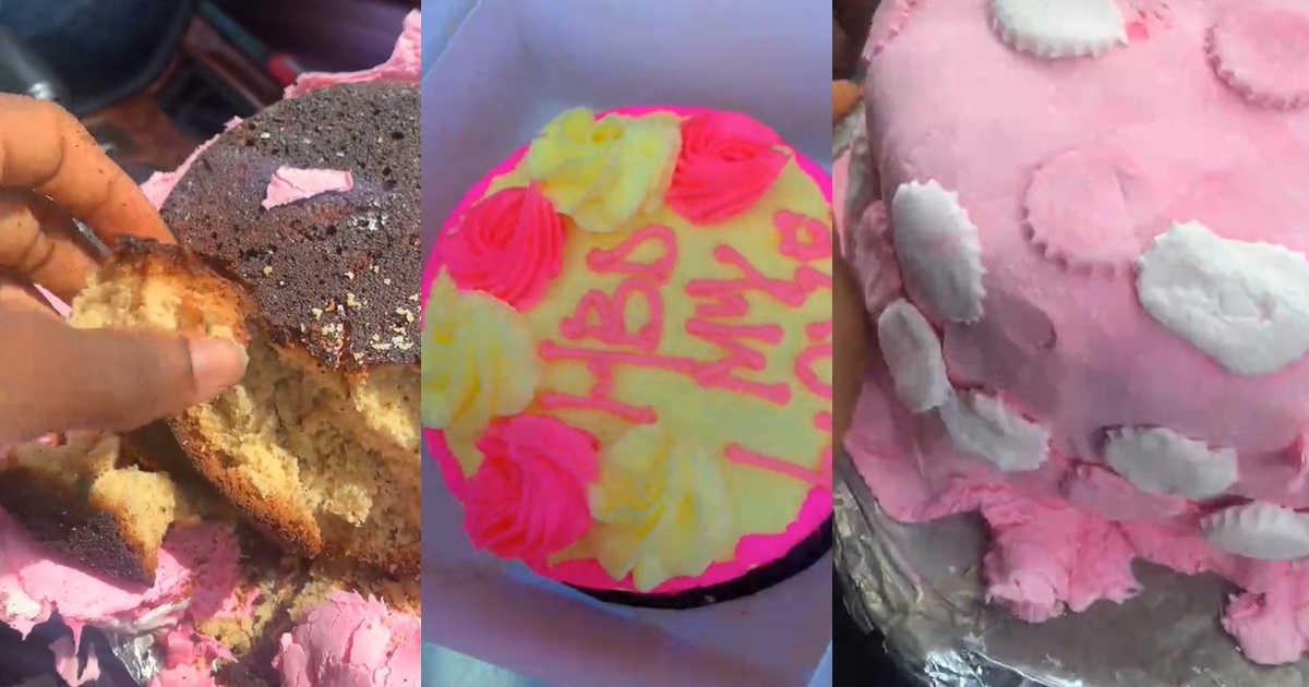 Lady becomes a vict!m of ‘what I ordered vs what I got’ after vendor delivers ₦20,000 stone-like cake (VIDEO)