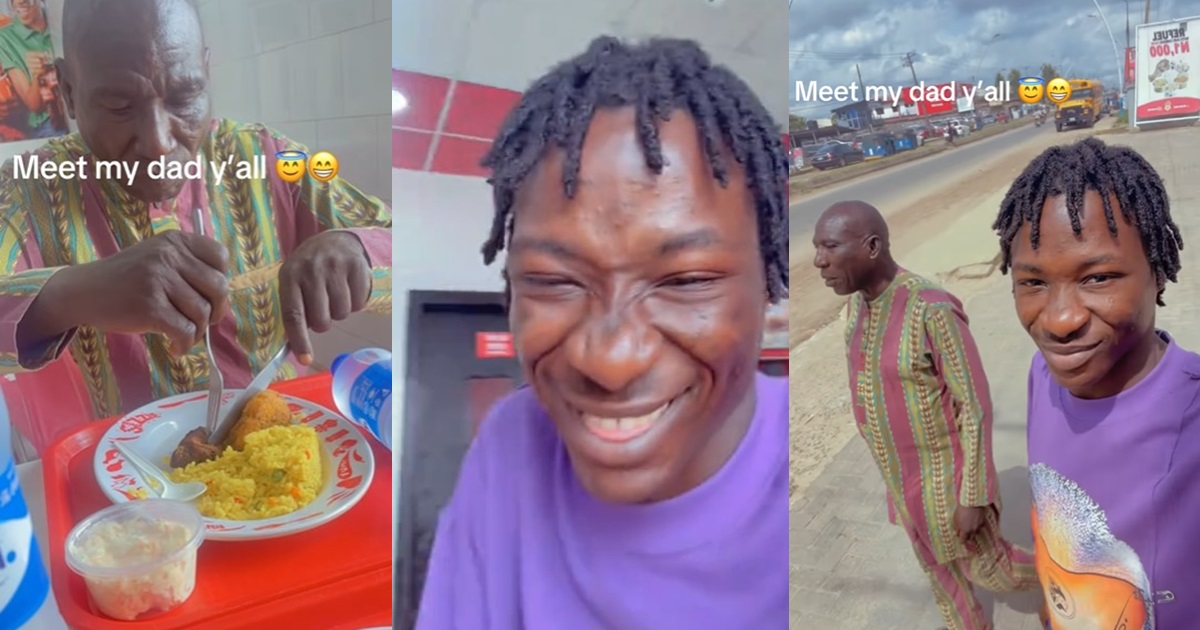 “Enjoyment kon be like strɘss for your papa” – Nigerian dad strugglɘs with cutlery at a fancy restaurant following son’s treat (WATCH)
