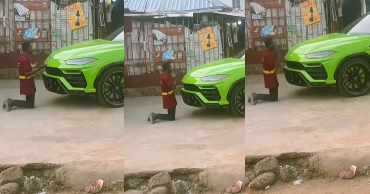 “If him no work nothing for am” – Man kneels down to pray for exotic car after spotting one on the street (WATCH)