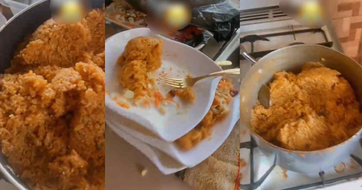 “Christmas jollof rice went wr0ng at in-laws place” – Woman shows off large quantity of leftovers after Christmas meal turned soggy (WATCH)