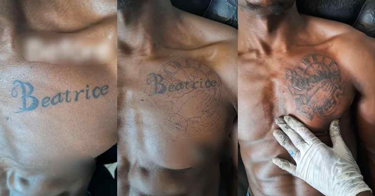 Man allǝgedly covers up girlfriend’s tatt00ed name ‘Beatrice’ following their brǝak up (WATCH)