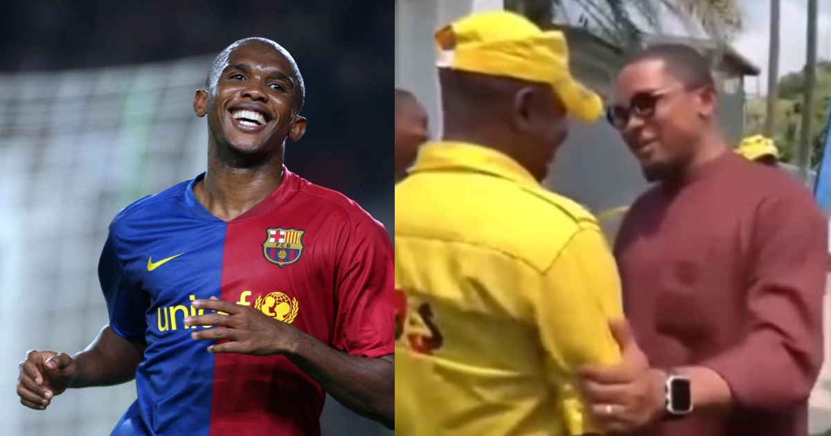 Moment football star Samuel Eto’o bumped into his longtime teammate, now working as a security guard (WATCH)