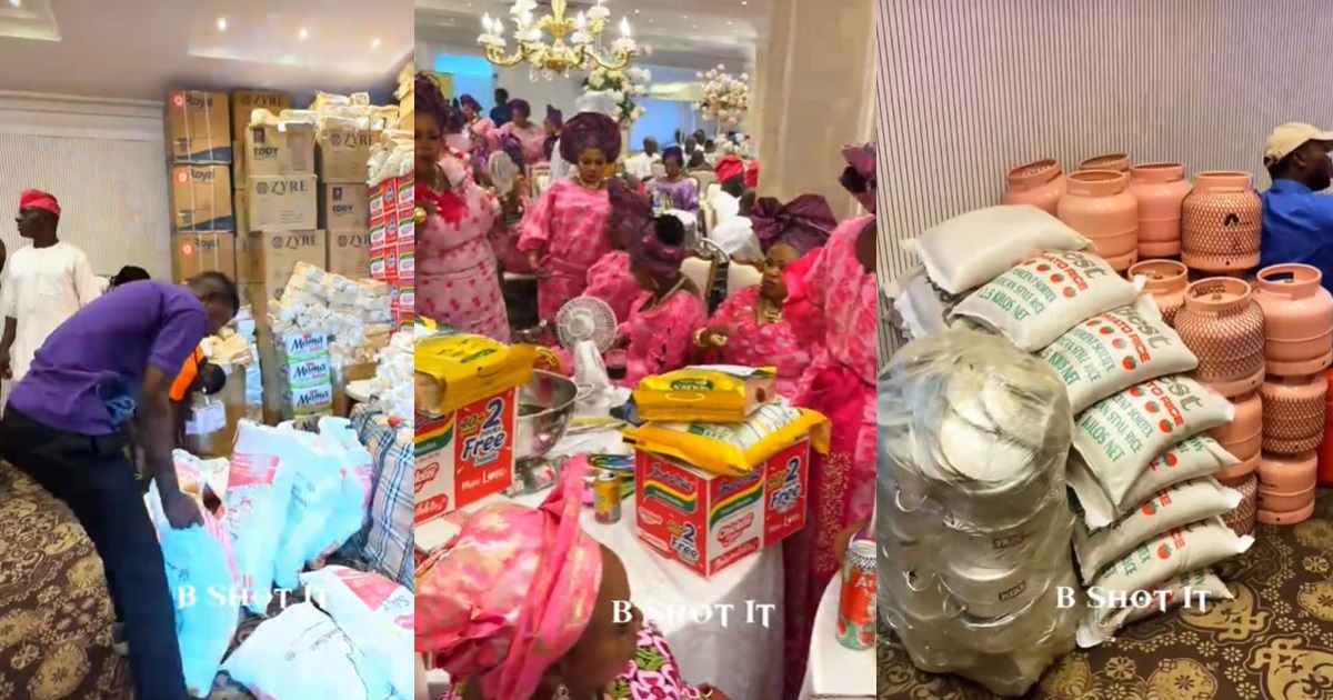 Bride’s mom gives wedding guests bags of rice, gas cylinders, and cartons of noodles as souvenirs (WATCH)