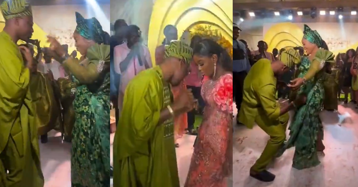“His wife came to claim him” – Hilarious moment a woman ‘marks her territory’ as her husband dances with a lady at a wedding ceremony (WATCH)