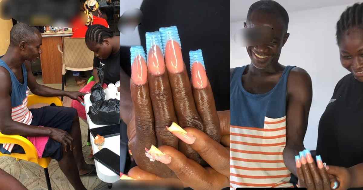 “This uncle must be from the mother side” – Nail Tech apprentice gets creative with her uncle as a model to demonstrate skills (WATCH)