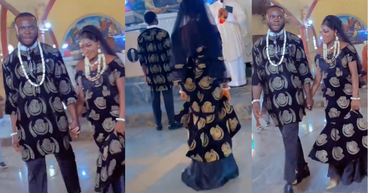 “You no fancy the oyinbo style but you do church wedding” – Nigerian couple d!tches white wedding outfit for Igbo traditional attire at their church wedding (WATCH)