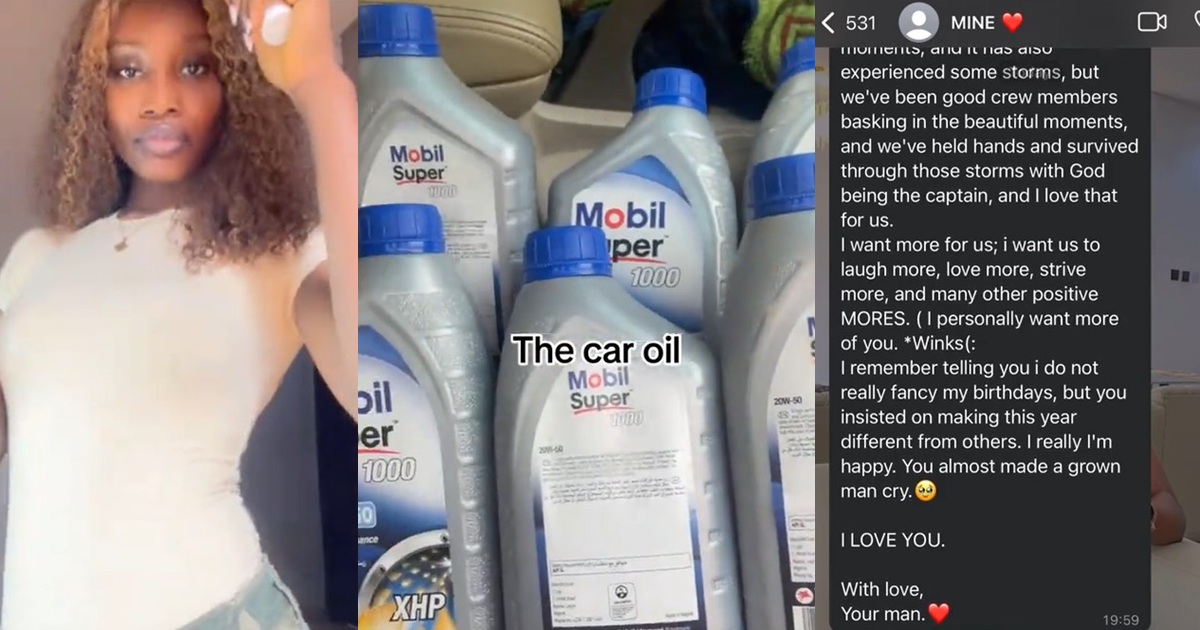 Lady receives ‘lengthy heartfelt message’ from boyfriend after gifting him six car oil as birthday gifts (WATCH)