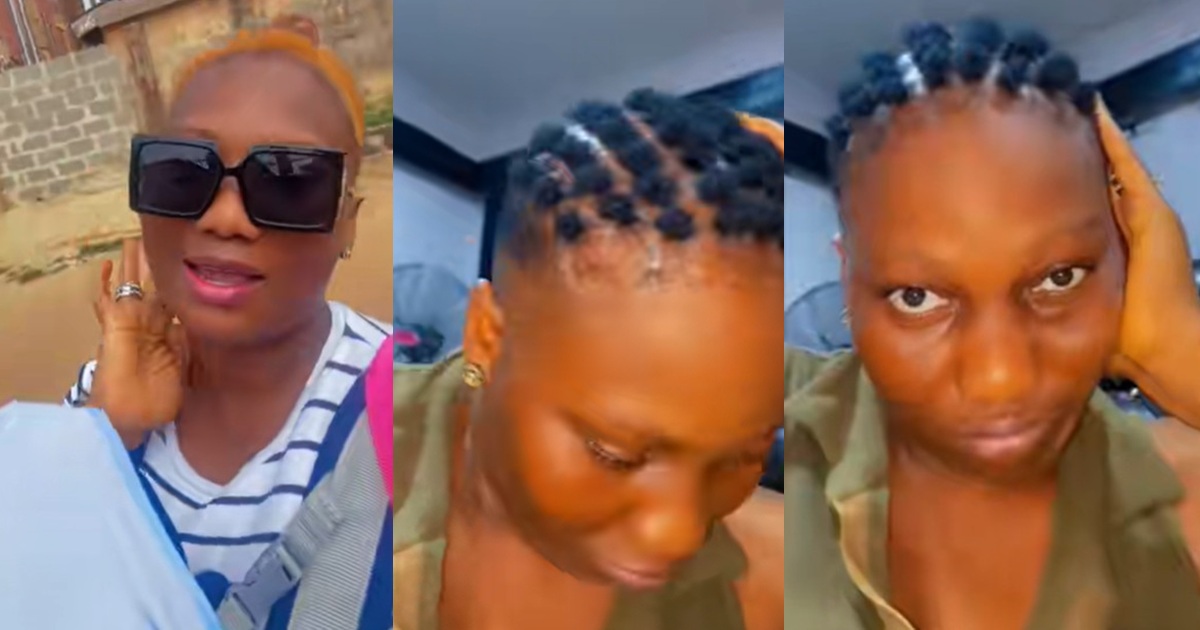 “I don dey plait puff puff” – Woman gets hair plaited after cutting it without husband’s consent (VIDEO)
