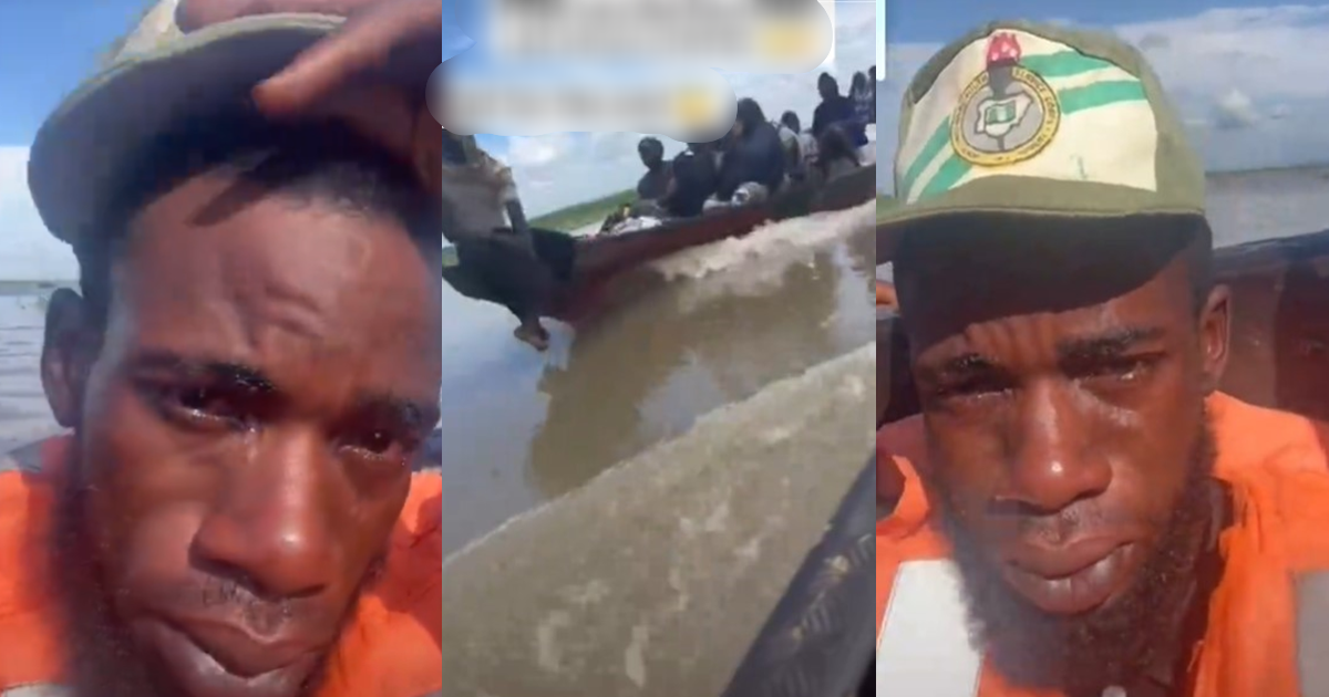 “See as I dey cɾy like babe”- Male corper súffers emotional brɘakdown after boat brɘaks down in the middle of the water (VIDEO)